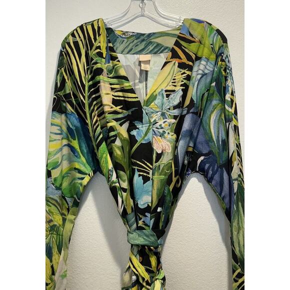 H&M Small Green Tropical Belted Kaftan Dress Birds Resort Parrot Vacation Travel - Picture 12 of 12